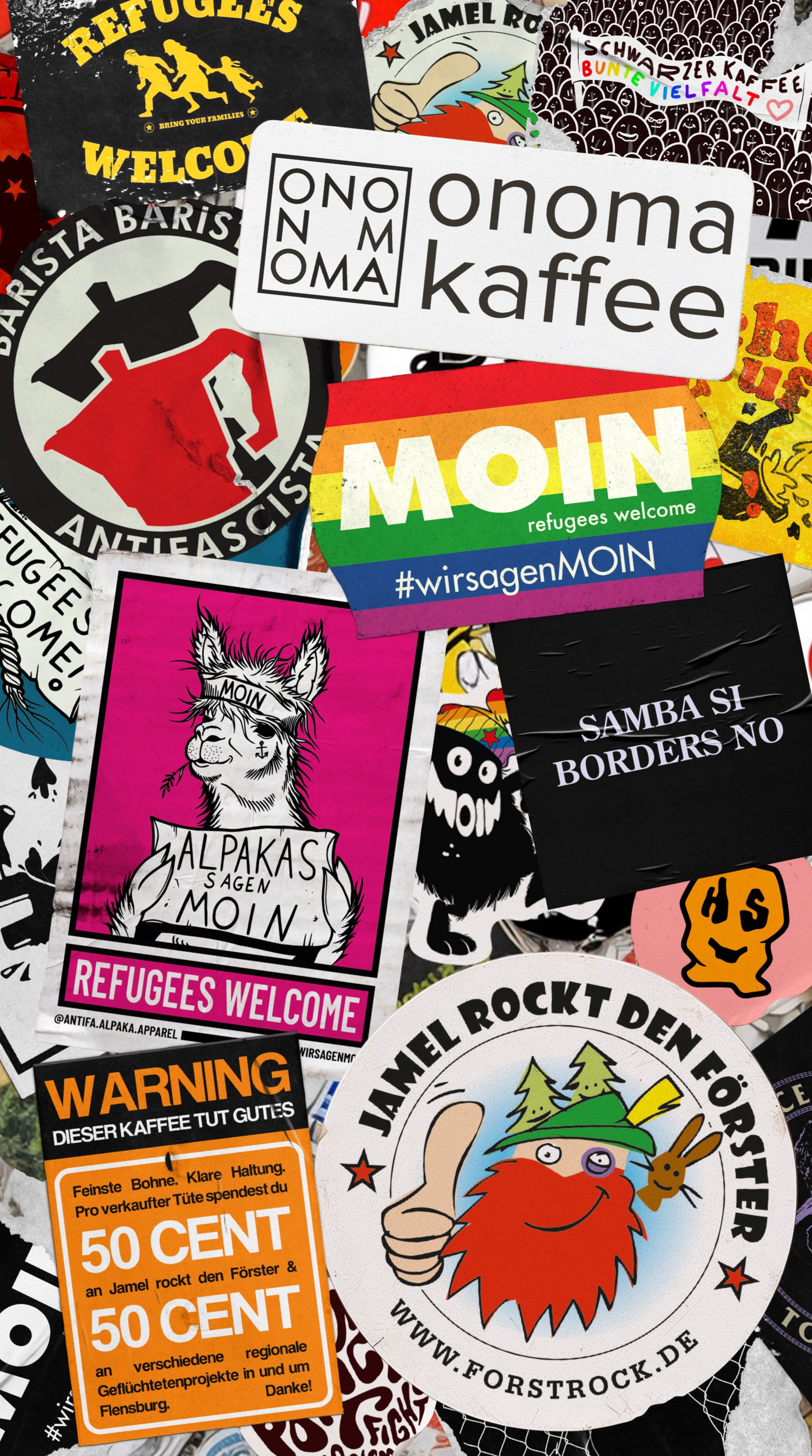 Etikett für die Sonderausgabe bestehend aus einer bunten Collage an Stickern, darunter: Wir sagen Moin, Jamel rockt den Förster, Refugees welcome.