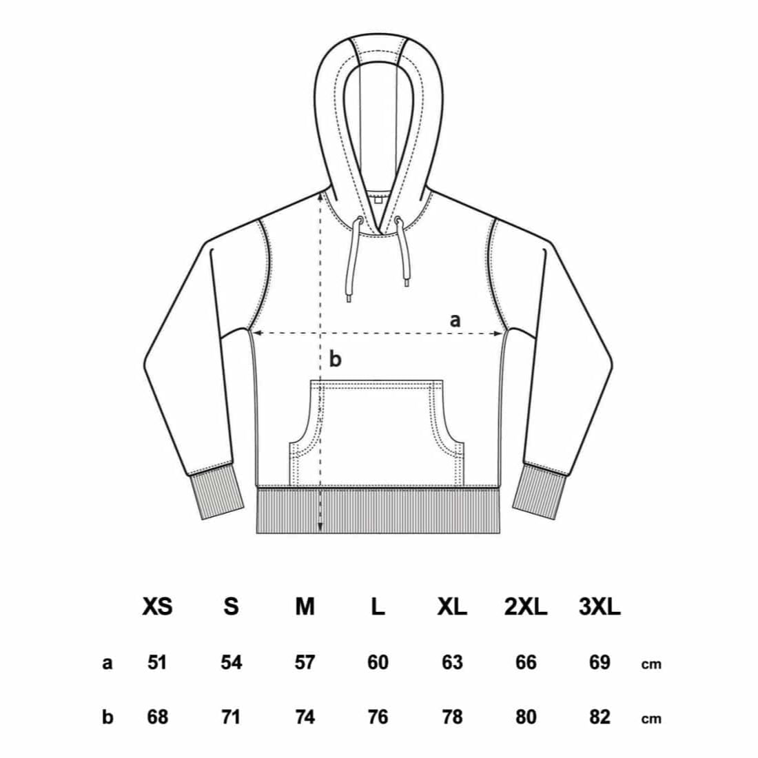 Größentabelle zum Pullover. a bezeichnet die Brustweite in Zentimeter, b bezeichnet die Länge ab Kragen in Zentimeter.
XS: a-51, b-68;
S: a-54, b-71;
M: a-57, b-76;
L: a-60, b-76;
XL: a-63, b-78;
2XL: a-66, b-80;
3XL: a-69; b-82;